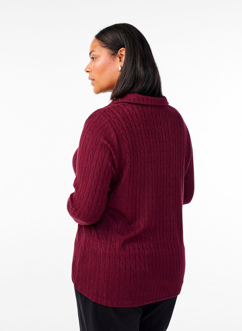 Jerseybluse med krave og kabelmønster, Mørk Bordeaux, Model image number 2