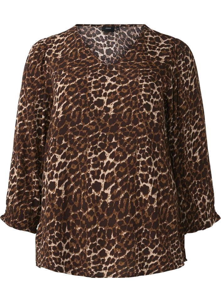 Bluse med leopardprint og 3/4 ærmer, Leo AOP, Packshot image number 0