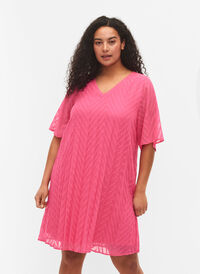 Kortærmet kjole med struktur, Shocking Pink, Model