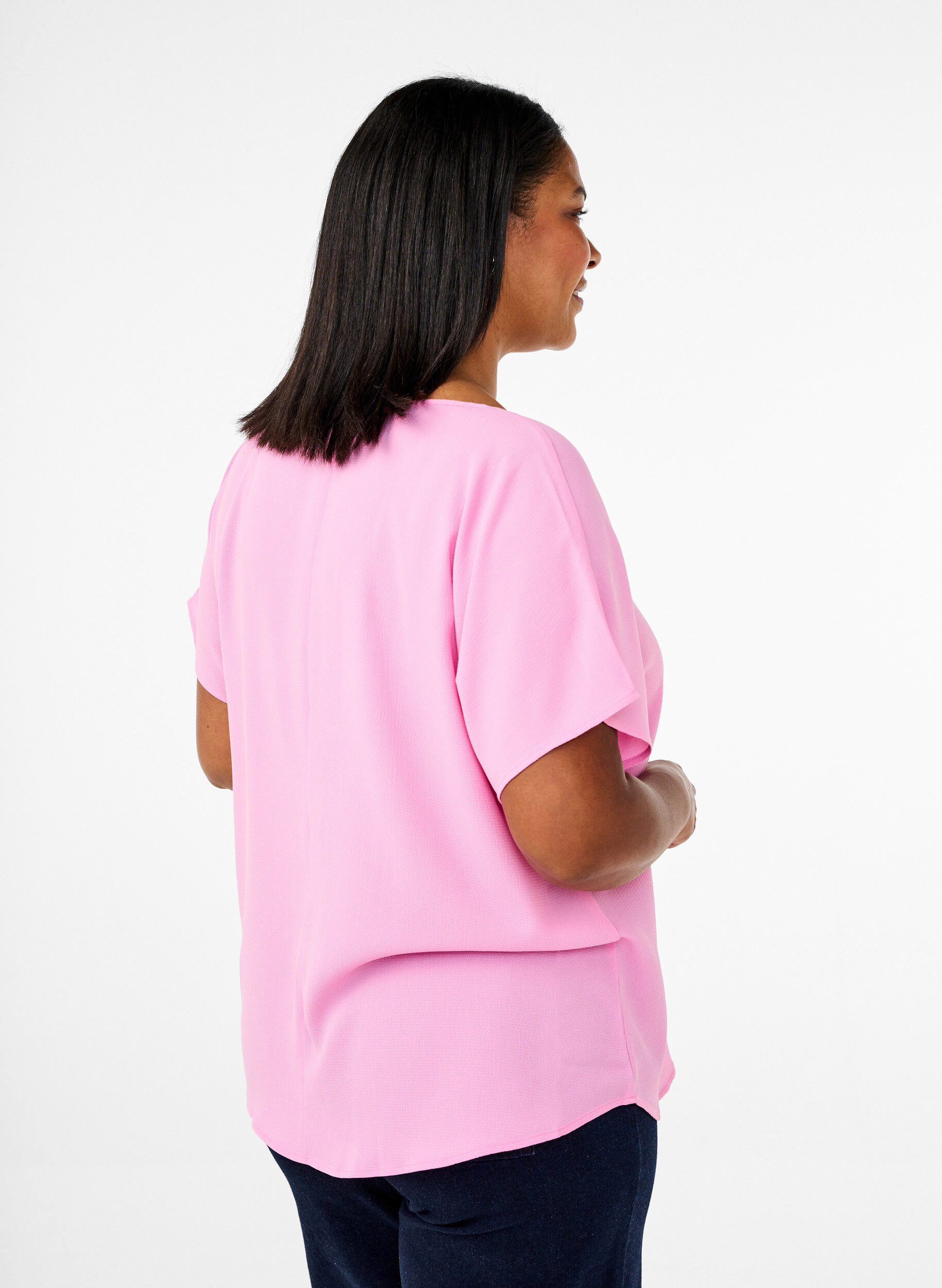 ZizziBluse med korte &aelig;rmer og rund halsudsk&aelig;ring, Lyser&oslash;d, Model image number 2