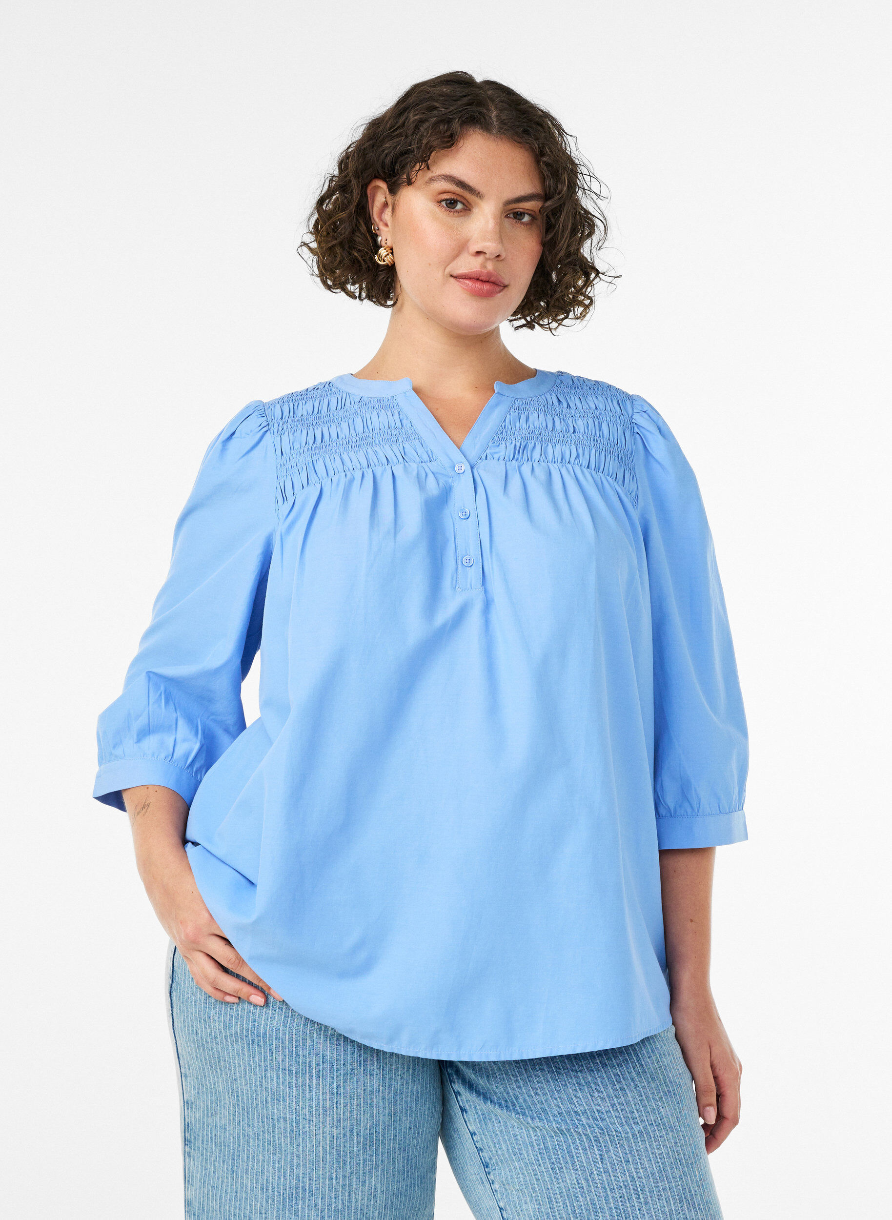 Bluse med smock og 3/4-&aelig;rmer, Bl&aring;, Model