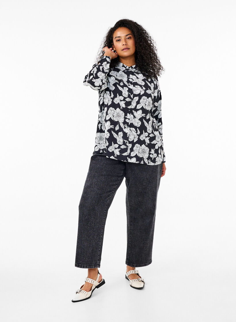 Skjorte med blomsterprint, Sort, Model image number 1
