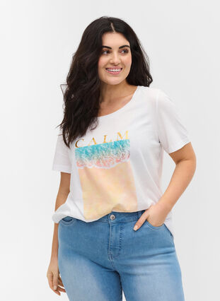 Kortærmet bomulds t-shirt med tryk, Bright White CALM, Model image number 0