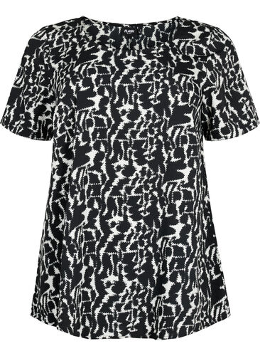 FLASH - Bluse med korte ærmer og print, Black White AOP, Packshot image number 0