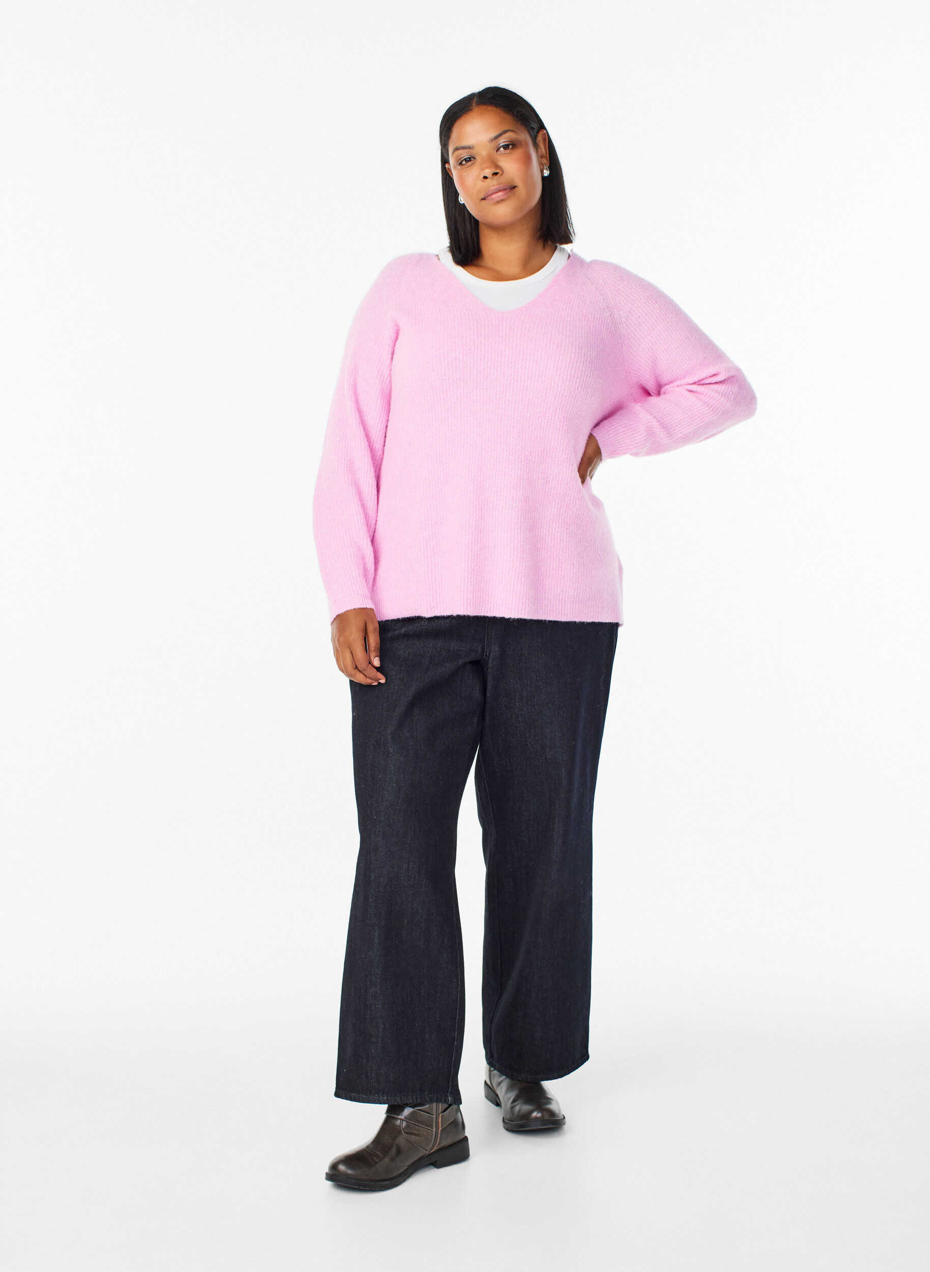 ZizziStrikbluse med V-hals og raglan&aelig;rmer, Lyser&oslash;d, Model image number 1
