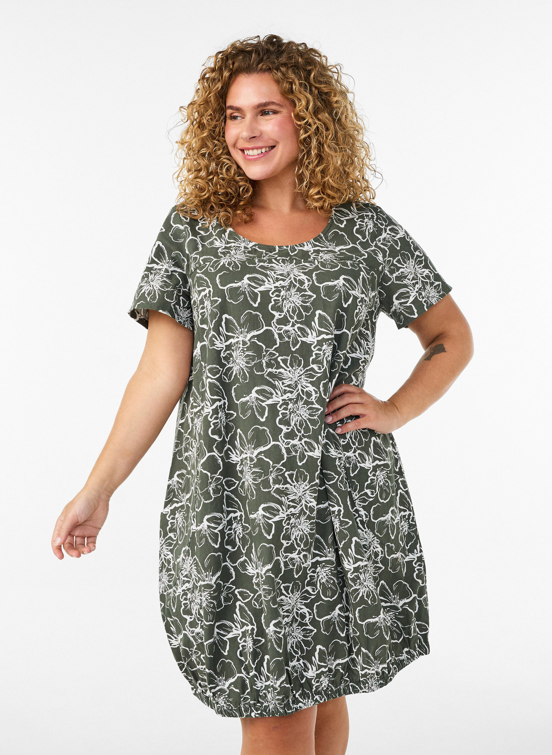ZizziKort&aelig;rmet bomuldskjole med print, Gr&oslash;n, Model image number 0