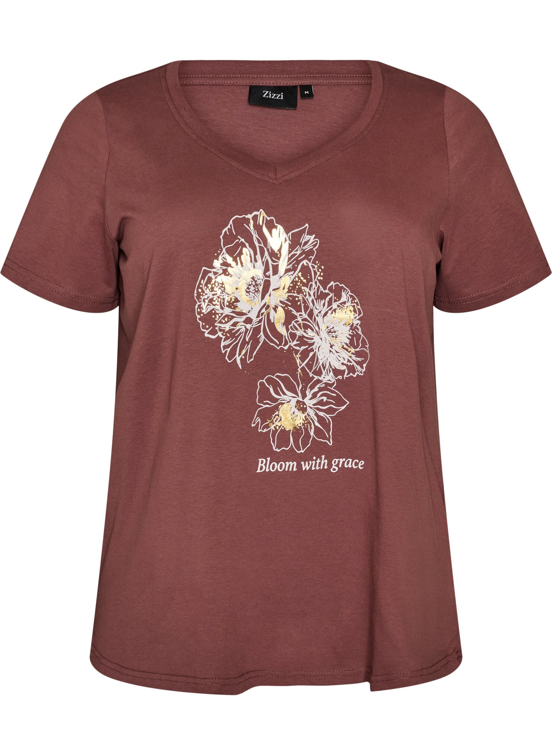 T-shirt i bomuld med frontprint og V-hals
