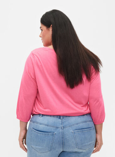 Ensfarvet bluse med 3/4 ærmer, Hot Pink Mel., Model image number 1