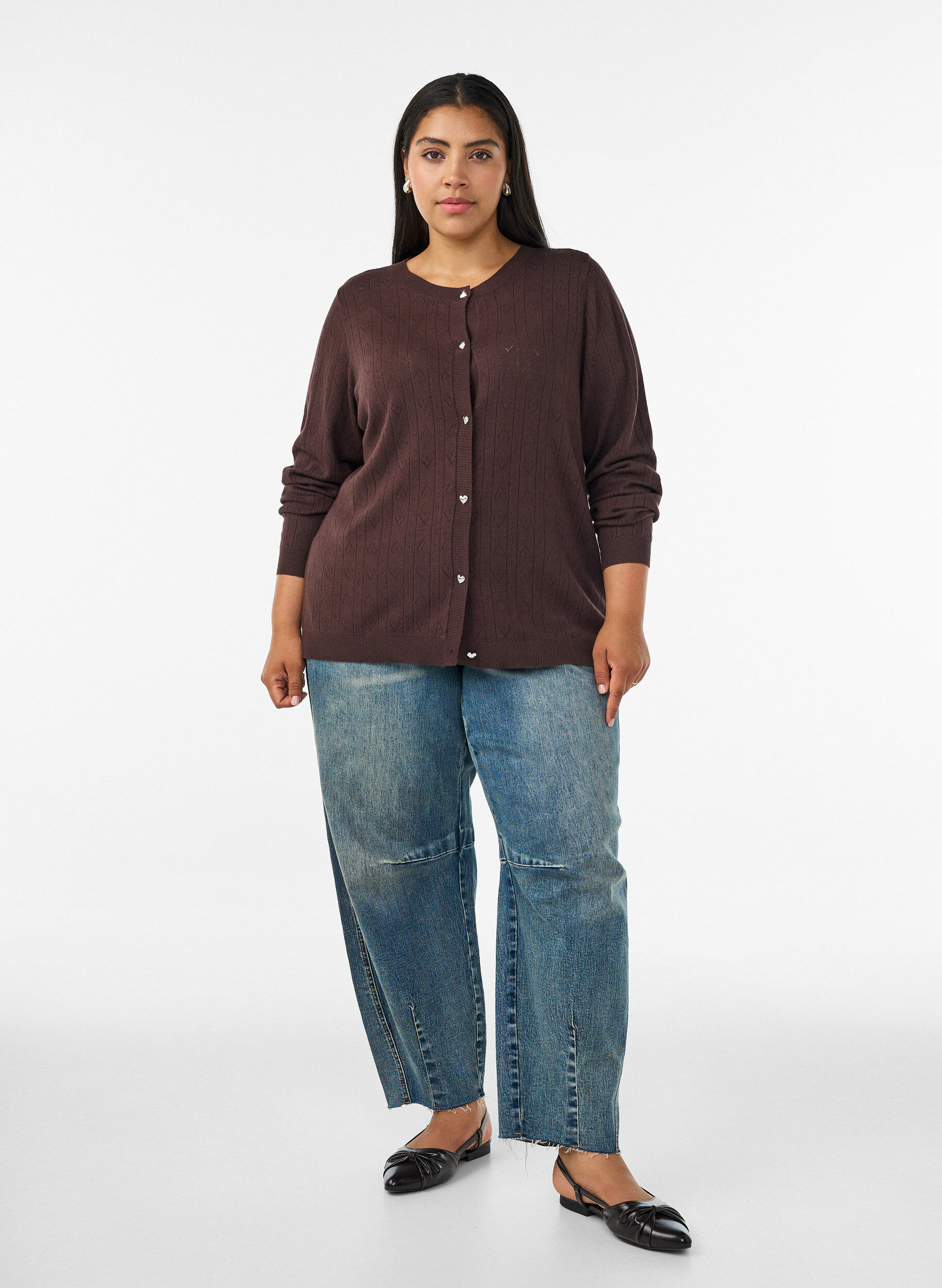 ZizziStrikket cardigan med hjertehulm&oslash;nster, Brun, Model image number 1