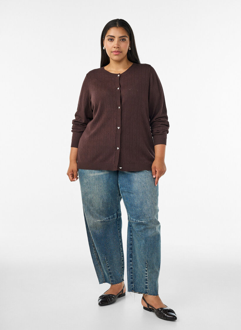 Strikket cardigan med hjertehulm&oslash;nster, Brun, Model image number 1