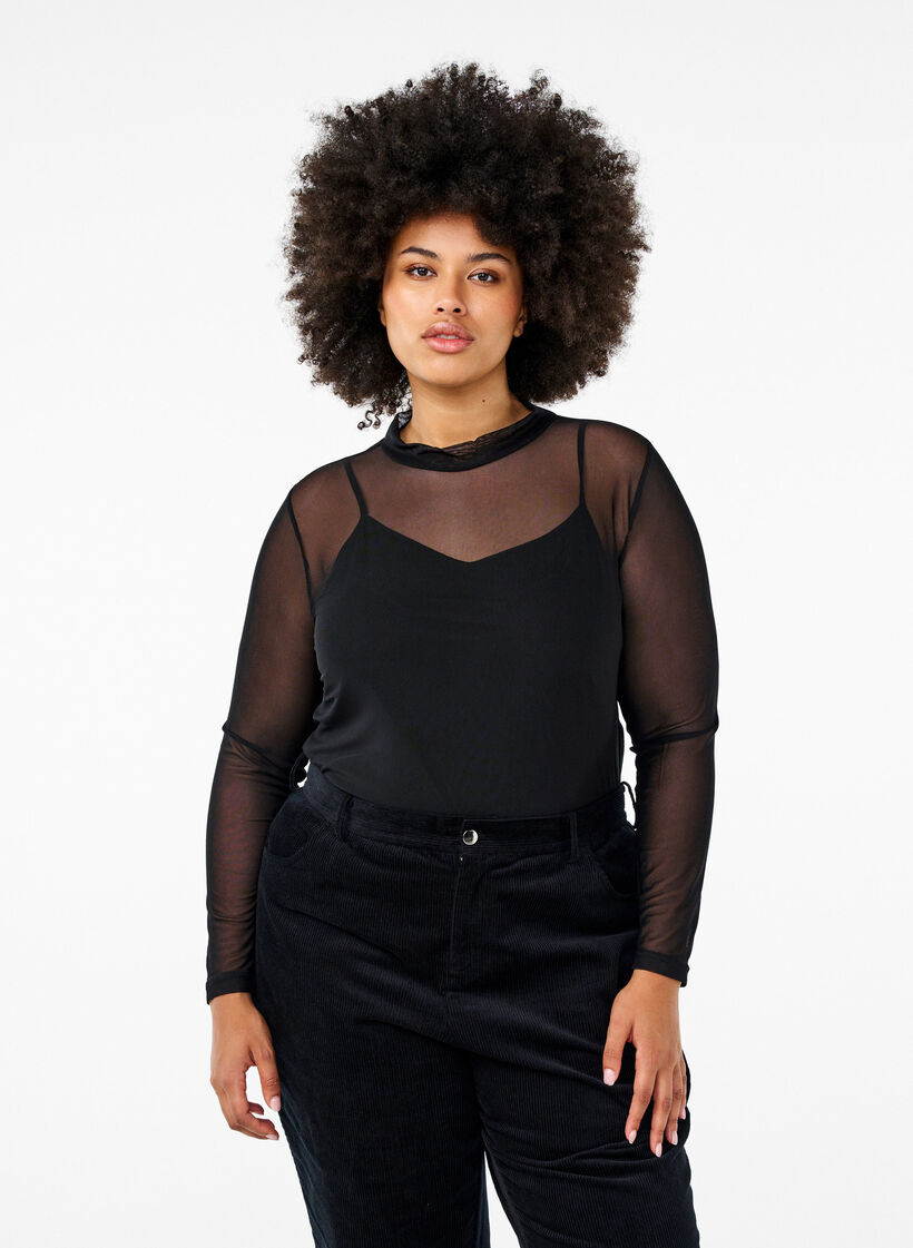 T&aelig;tsiddende meshbluse med lange &aelig;rmer, Sort, Model image number 0