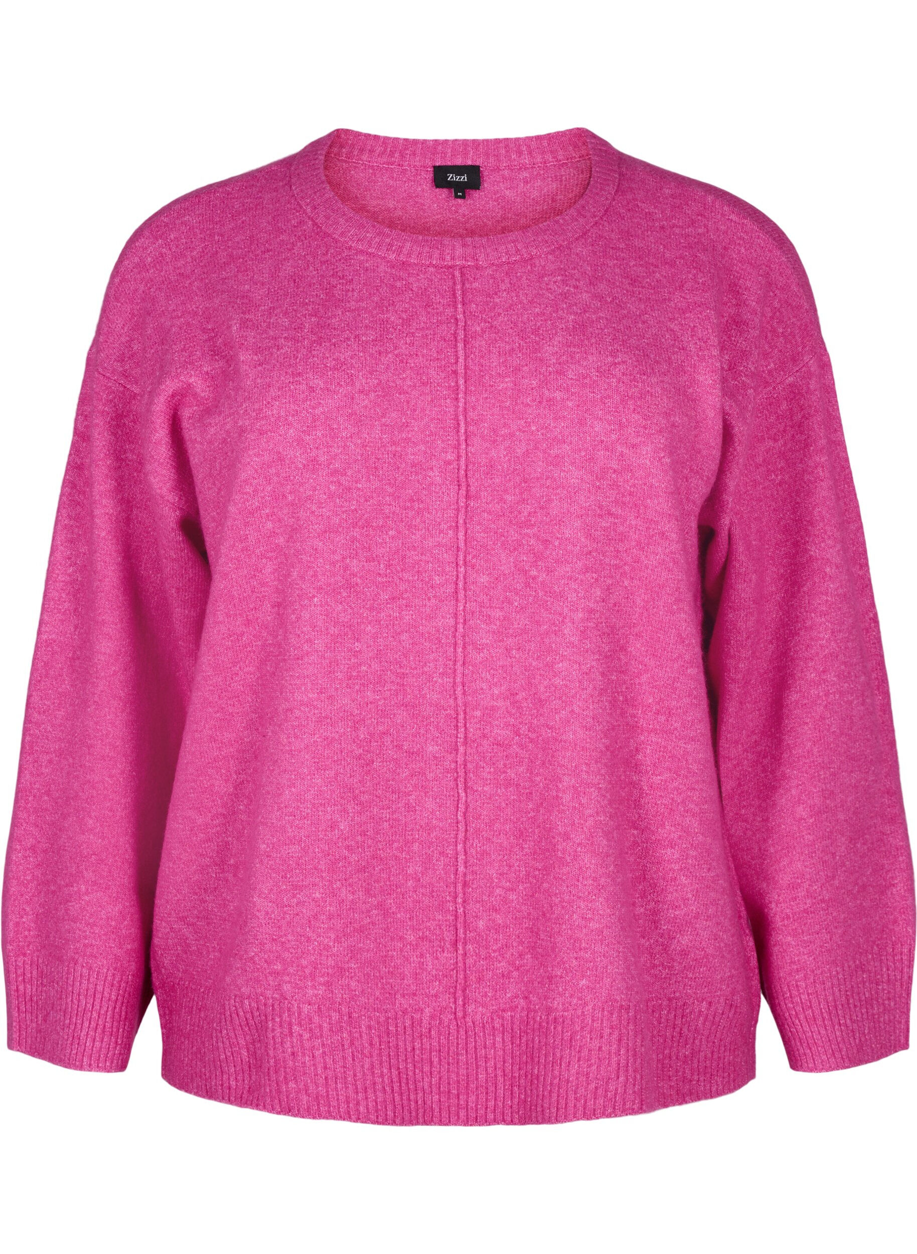 Zizzi Strikbluse med rund hals og midters&oslash;m, Fuchsia Red Mel., Packshot image number 0