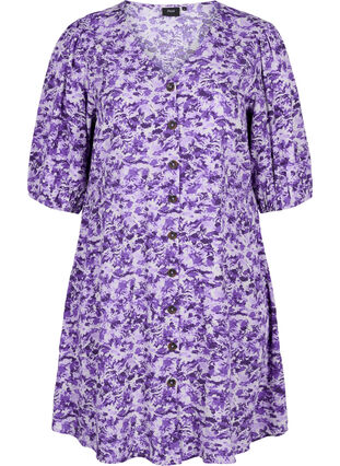Kjole med knapper og 3/4 ærmer, Purple AOP, Packshot image number 0