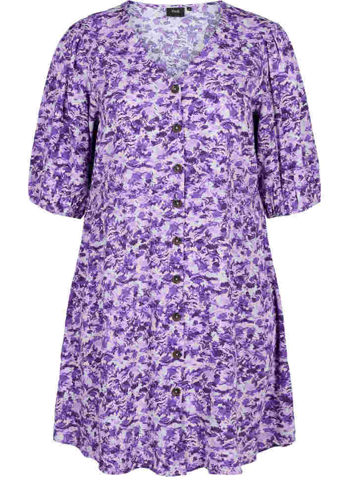 Kjole med knapper og 3/4 ærmer, Purple AOP, Packshot image number 0