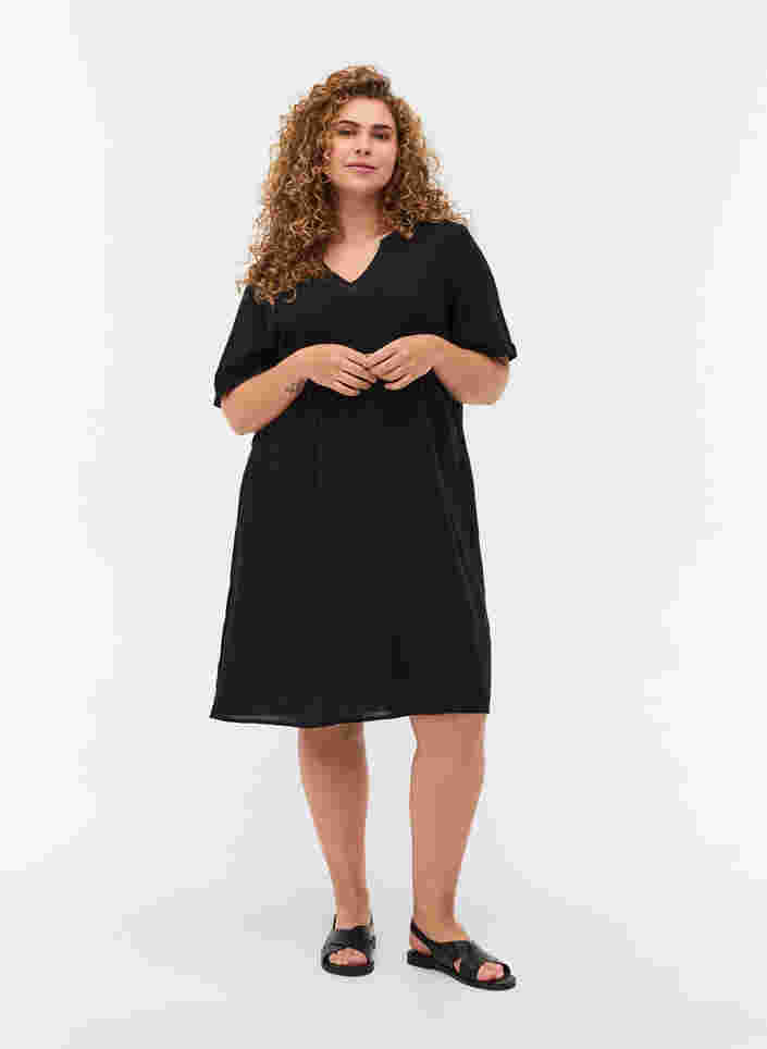 Kortærmet kjole i bomuldsmix med hør, Black, Model image number 2