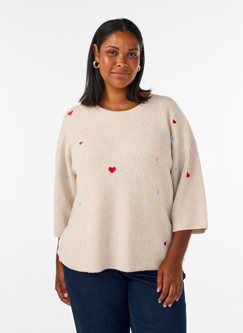 Strikbluse med hjerter og 3/4 &aelig;rmer, Beige, Model image number 0