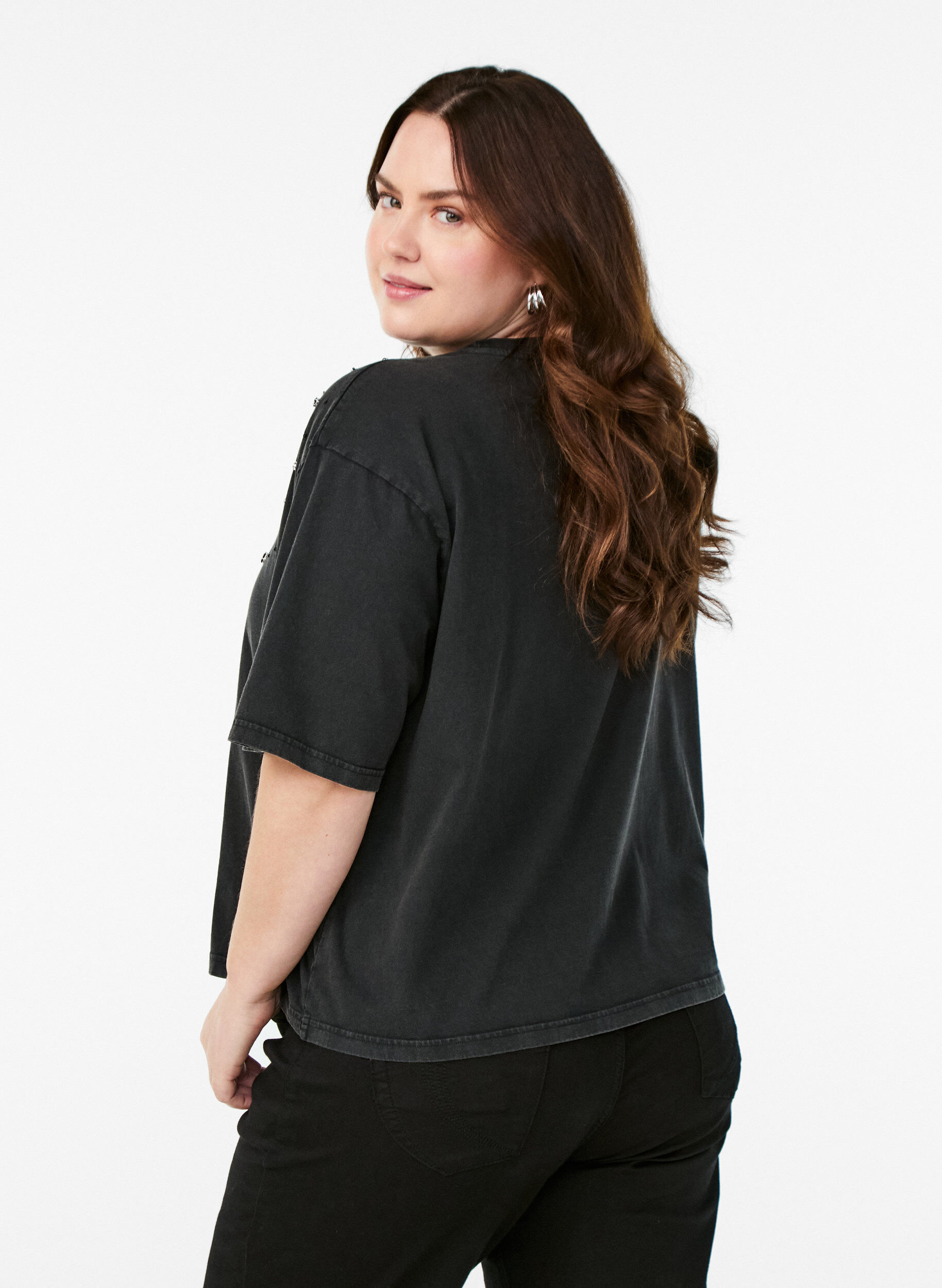 Zizzi Boxy t-shirt med perler og rhinsten, Gr&aring;, Model image number 2