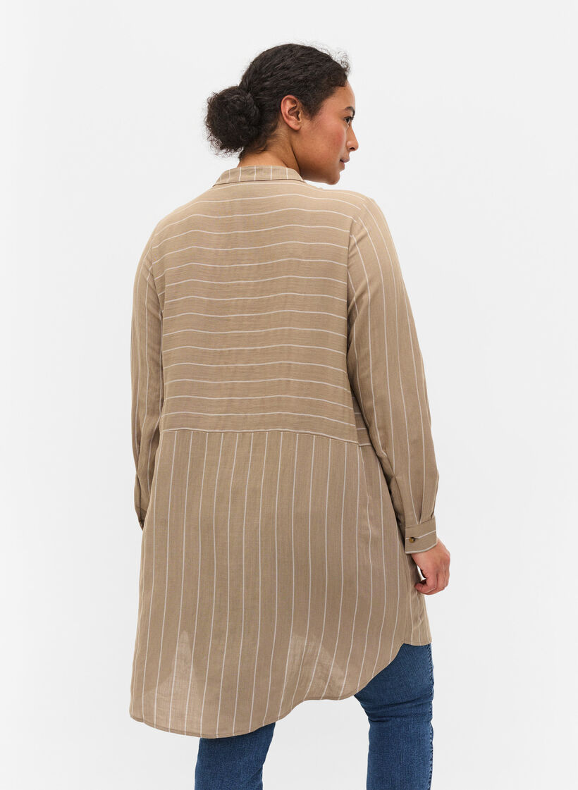 Lang stribet skjorte i viskosemix, Timber Wolf/White, Model image number 1