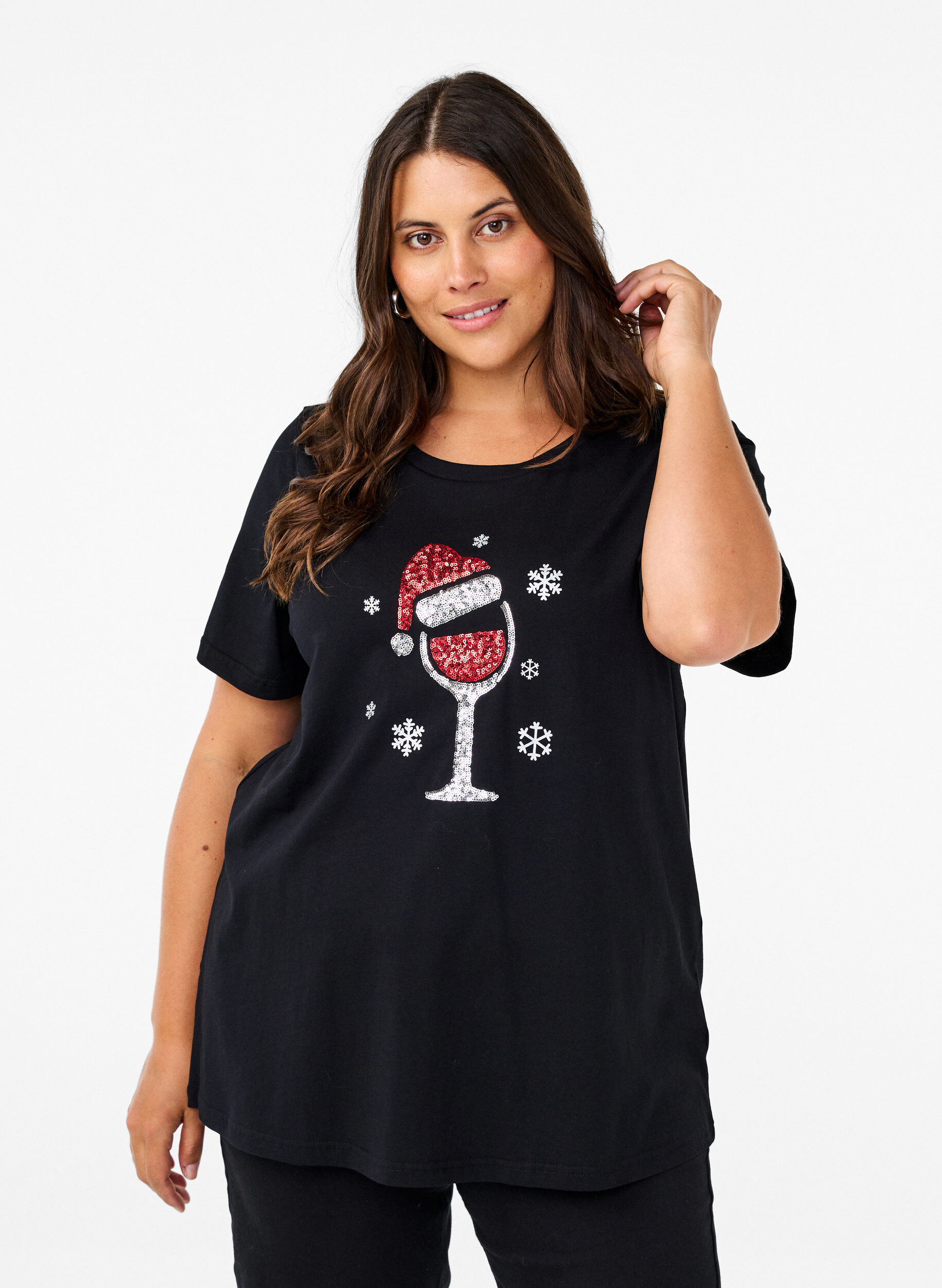 Zizzi Jule t-shirts i 100% bomuld, Black w. Wine, Model image number 0