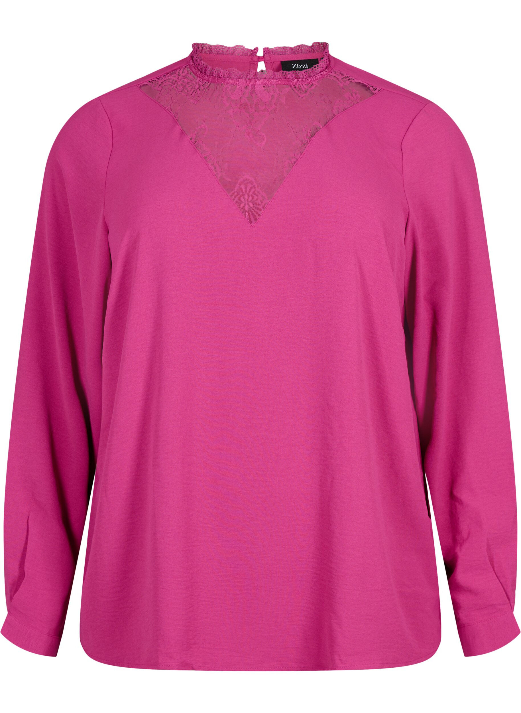Zizzi Bluse med lange &aelig;rmer og blondedetalje, Festival Fuchsia, Packshot image number 0