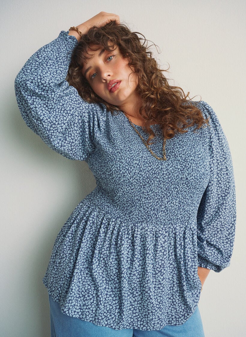 Bluse med smockoverdel og blomsterprint, Bl&aring;, Image image number 0