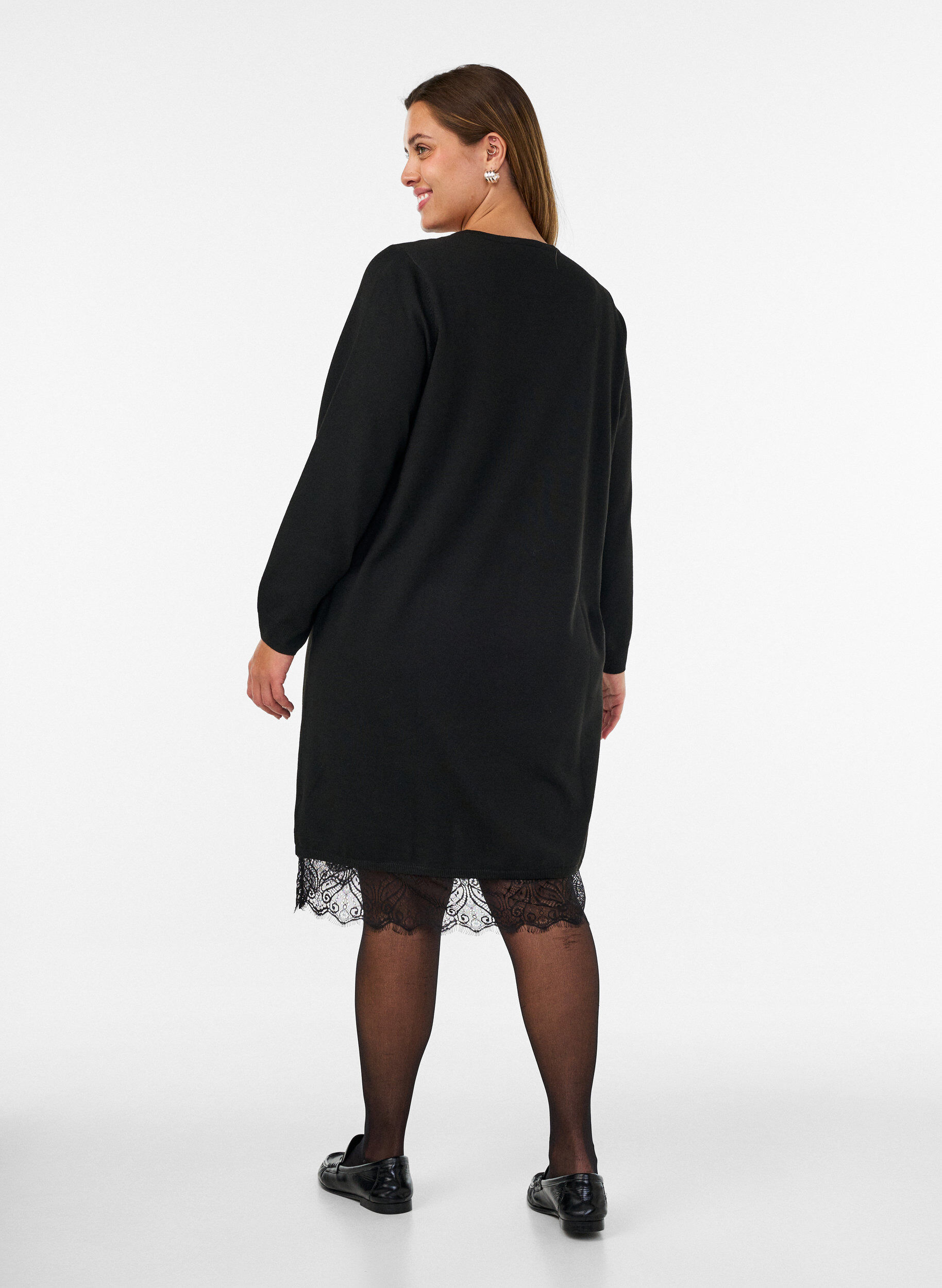 ZizziKort strikkjole med blondekant, Sort, Model image number 2