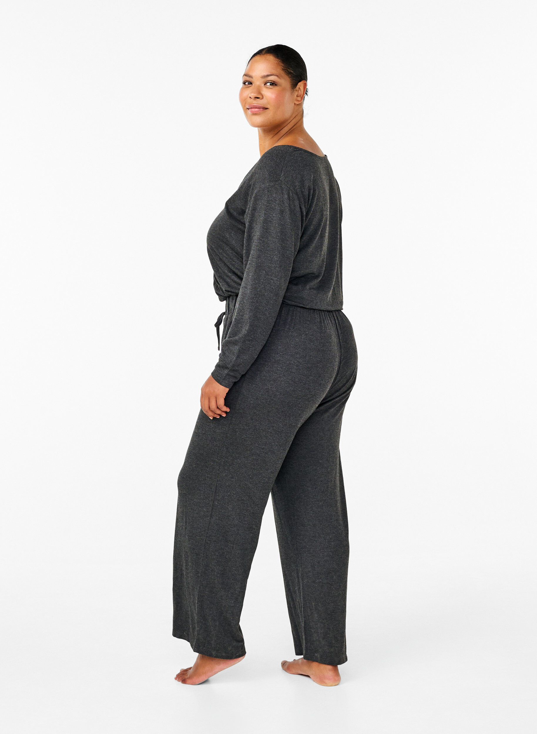 Zizzi Jumpsuit med wrap og bindeb&aring;nd, Dark Grey Melange, Model image number 1