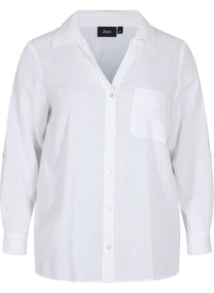 Skjortebluse med knaplukning i bomuldsmix med hør, White, Packshot image number 0