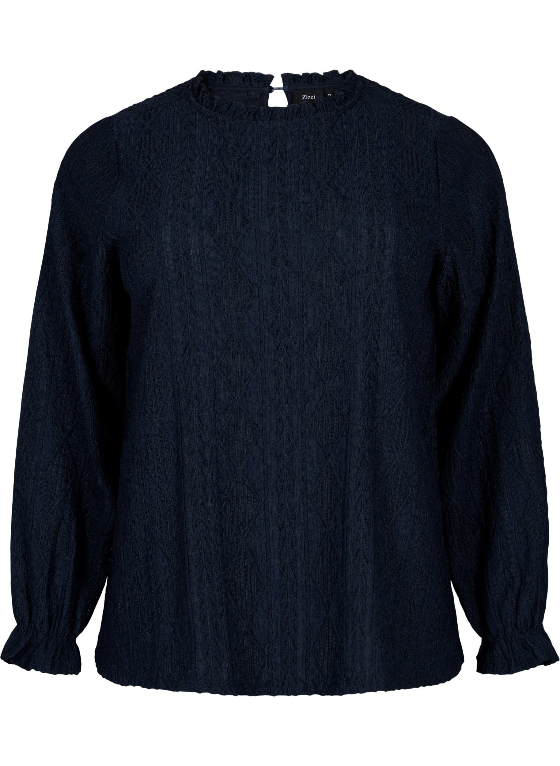 Zizzi Bluse med fl&aelig;sedetaljer og tone-i-tone m&oslash;nster, Night Sky, Packshot image number 0