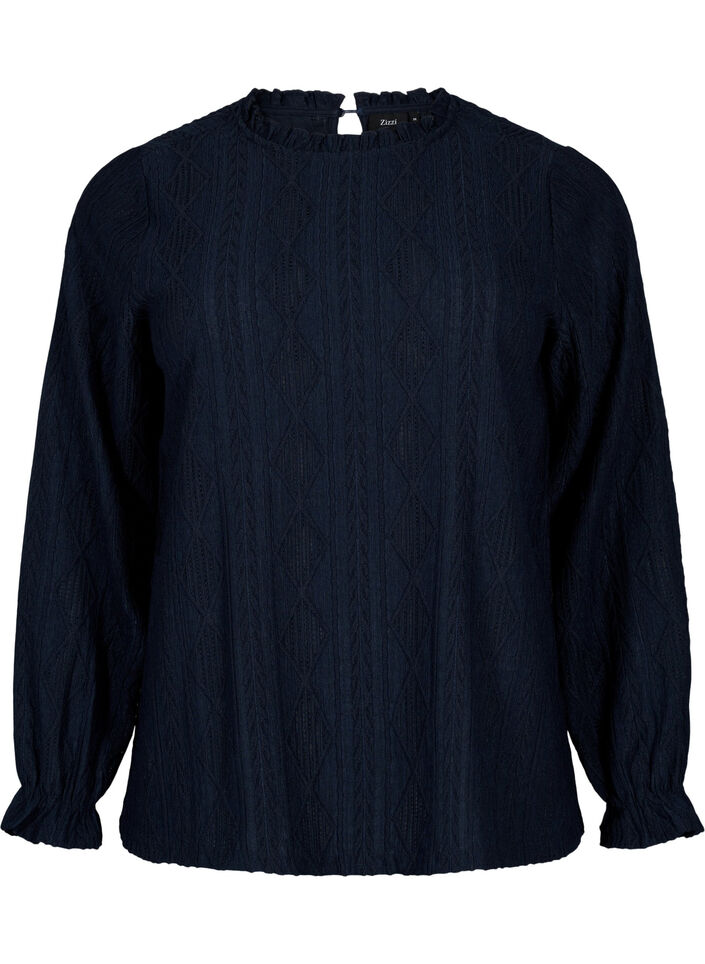 Bluse med flæsedetaljer og tone-i-tone mønster, Night Sky, Packshot image number 0