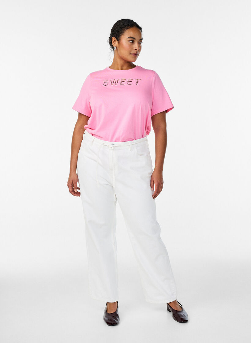 T-shirt i bomuld med broderet tekstmotiv, Hvid, Model image number 1