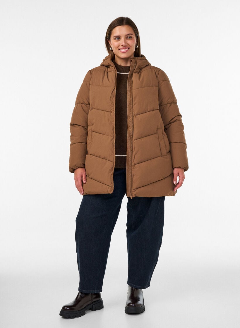 Mellemlang pufferjakke med h&aelig;tte, Brun, Model image number 1