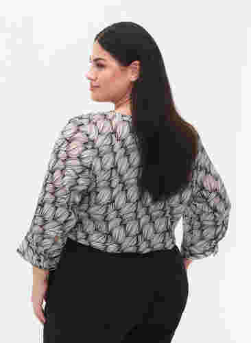 Bluse med print og 3/4 ærmer, Black White Leaf, Model image number 1