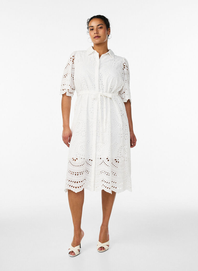 Skjortekjole i broderie anglaise med bindeb&aelig;lte, Hvid, Model image number 1
