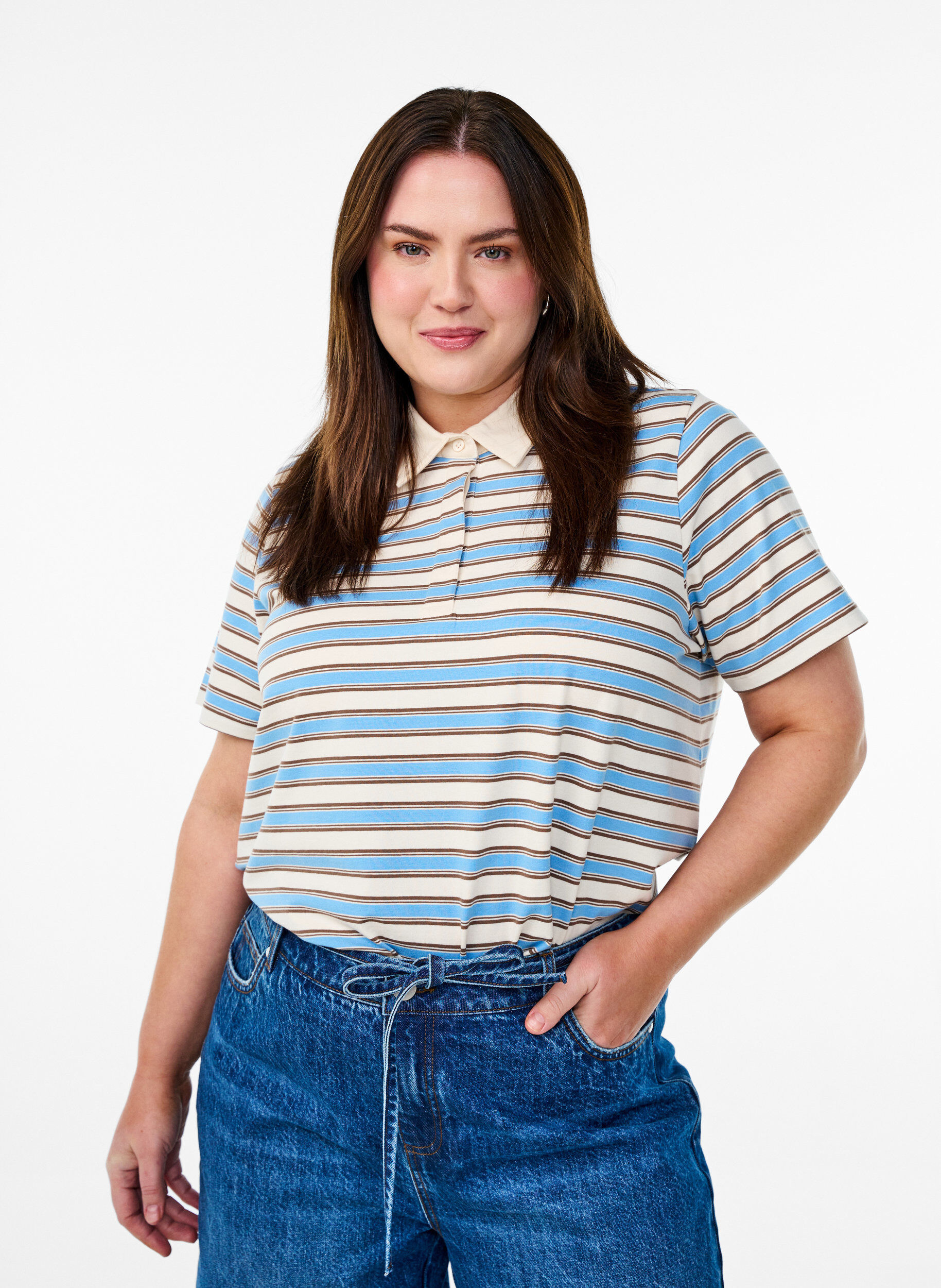 Zizzi Stribet poloshirt med korte &aelig;rmer, Bl&aring;, Model image number 0