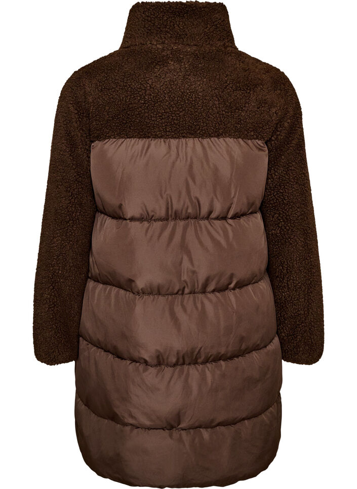 Mellemlang pufferjakke med teddyfleece, Brun, Packshot image number 1