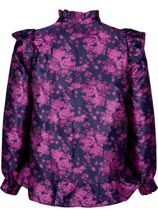 Blomstret jacquardbluse med flæsedetaljer, Dark Blue Pink, Packshot image number 1