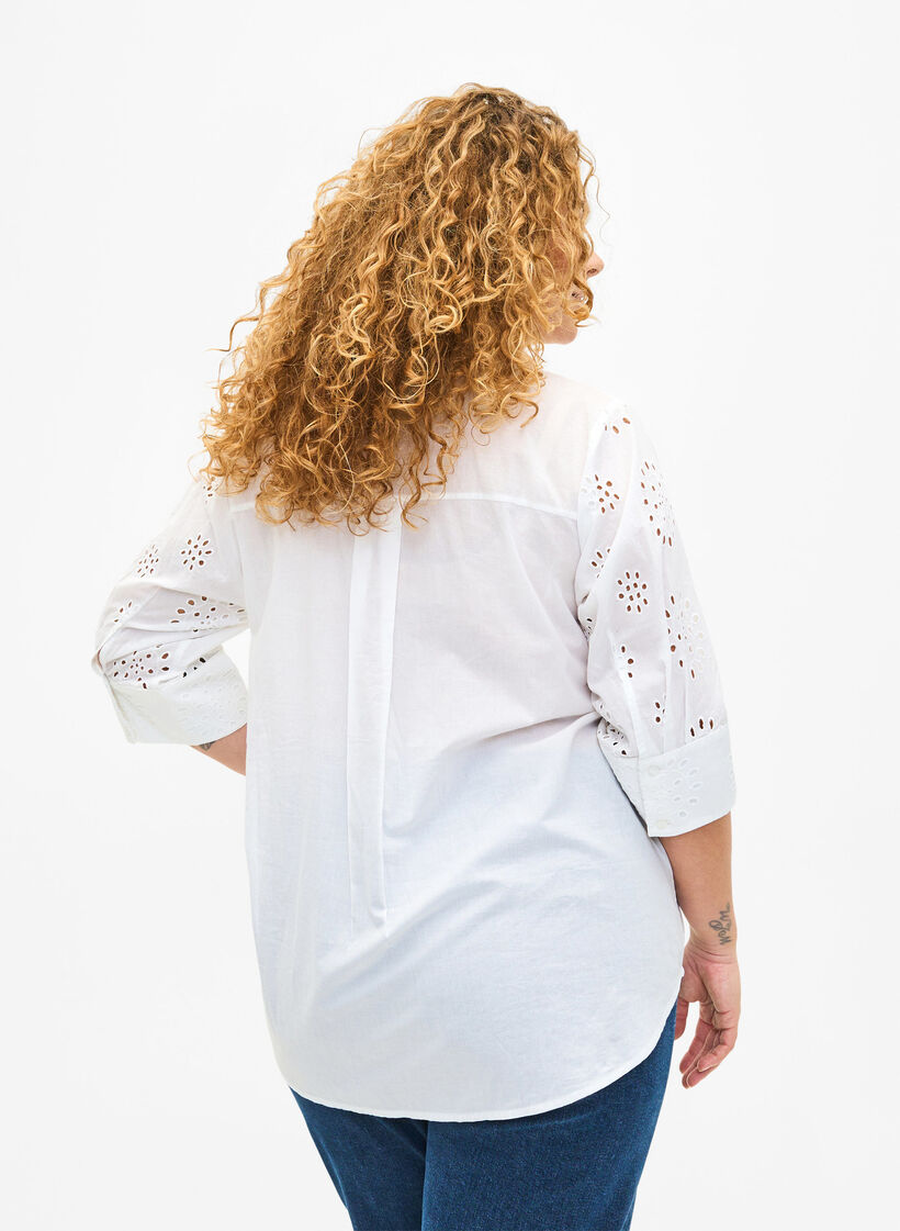 Skjortebluse med broderi anglaise og 3/4 ærmer, Bright White, Model image number 1