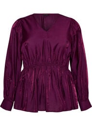 Glansfuld viskosebluse med peplum-effekt, Lilla