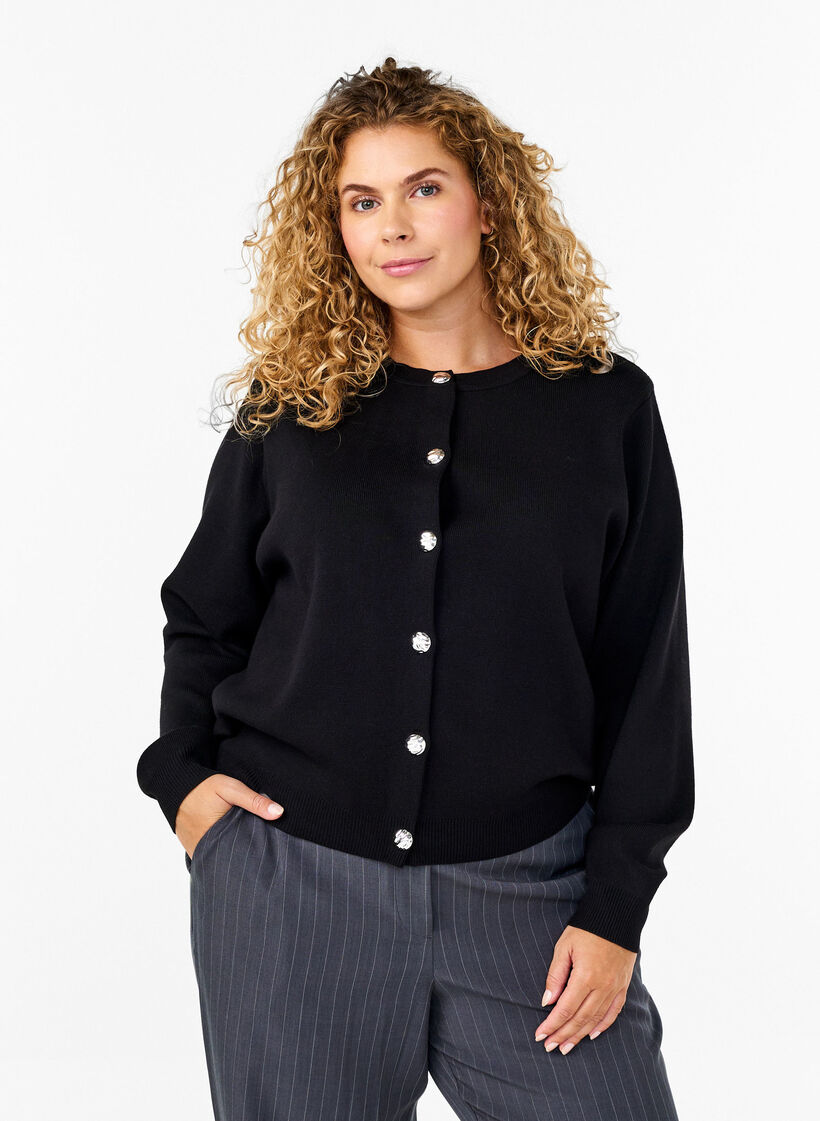 Strikcardigan med dekorative knapper, Black, Model image number 0