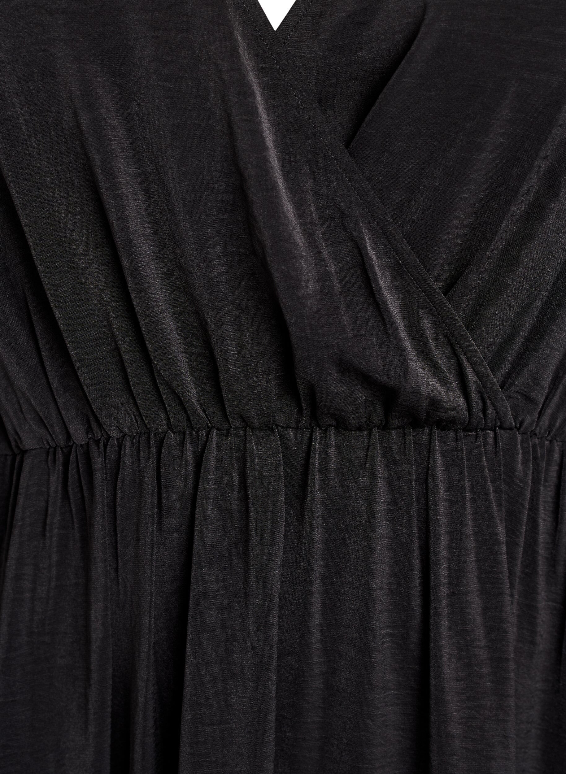 Zizzi Midikjole med wrap-look og smock&aelig;rmer, Sort, Packshot image number 2