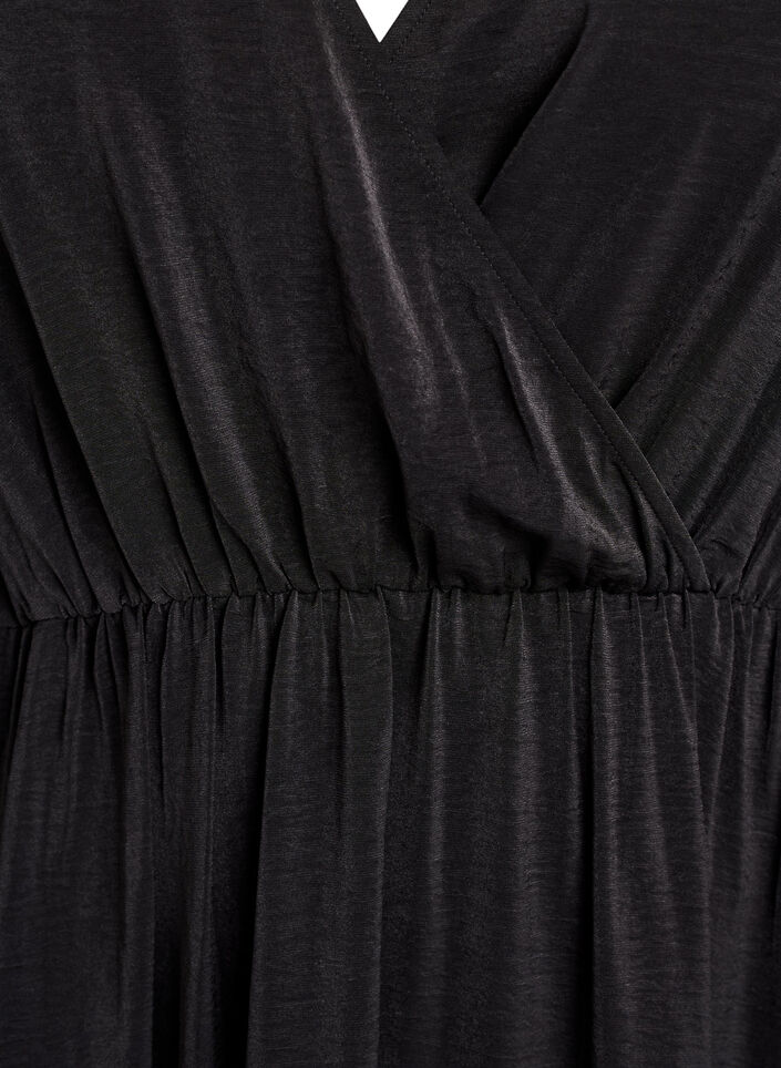 Midikjole med wrap-look og smockærmer, Sort, Packshot image number 2