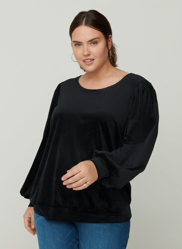 Velour bluse med lange pufærmer, Black, Model image number 0