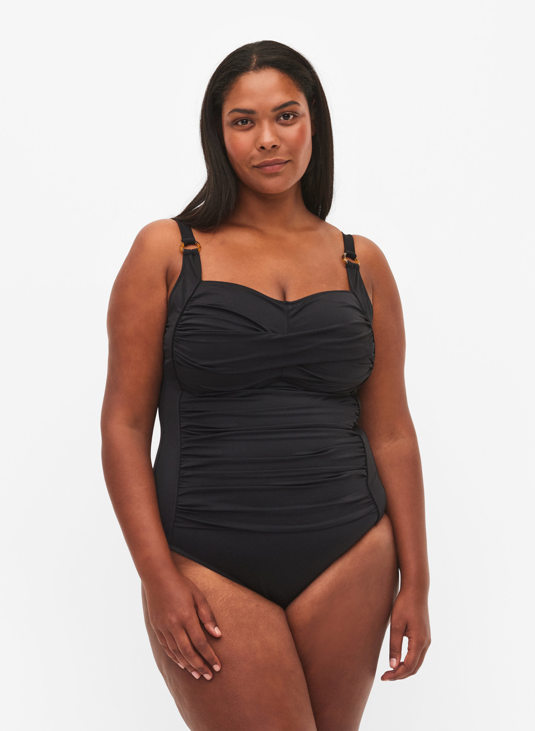 Vatteret badedragt med draperinger, Sort, Model
