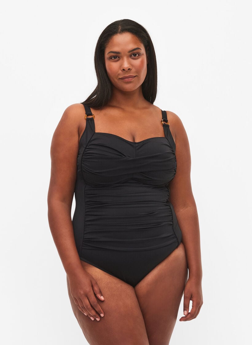 Vatteret badedragt med draperinger, Sort, Model image number 0