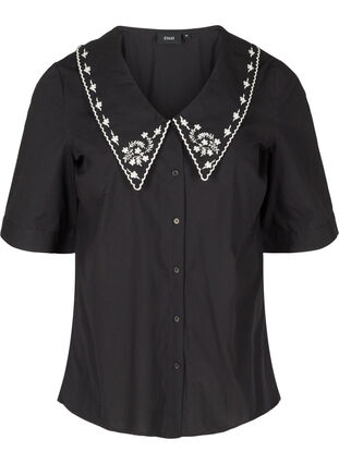 Kortærmet skjorte i bomuld med stor krave, Black w. White, Packshot image number 0