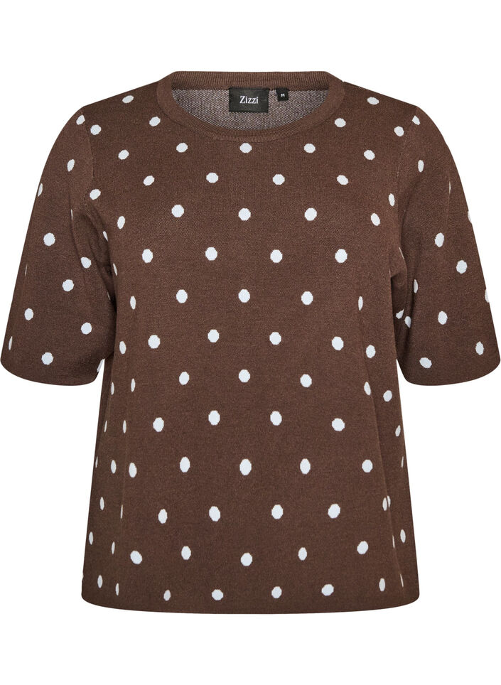 Kort&aelig;rmet strikbluse med prikker, Brun, Packshot image number 0