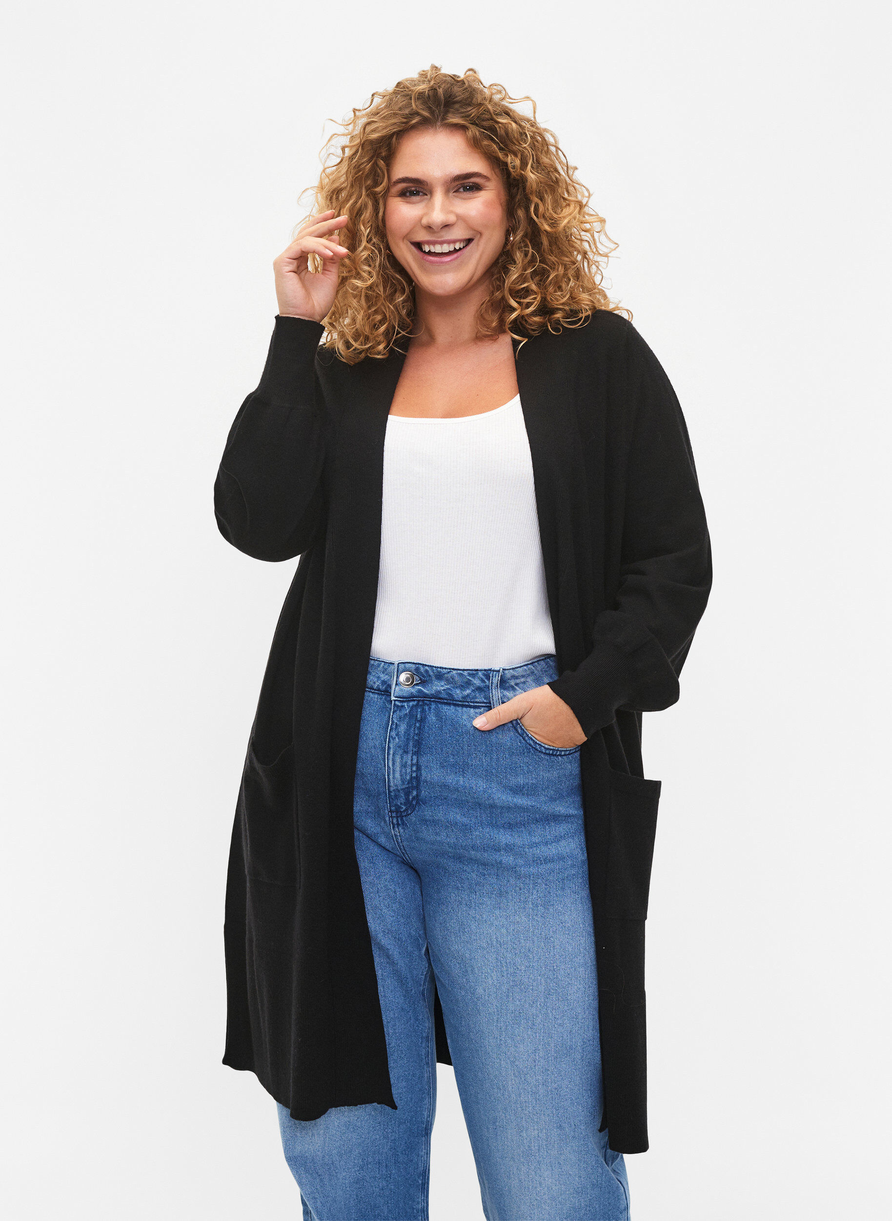 Zizzi Lang strikket cardigan med lommer, Black, Model image number 0