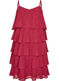 Lagdelt kjole med fl&aelig;sevolanter og spaghettistropper, R&oslash;d