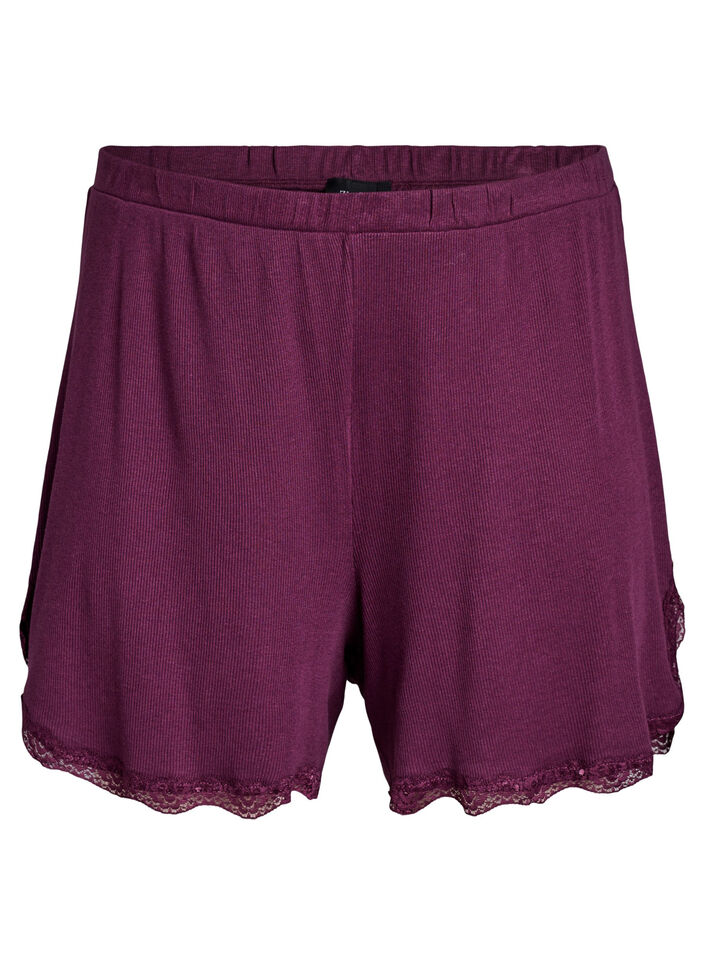 L&oslash;se natshorts med ribstruktur og blondekant, M&oslash;rk Bordeaux, Packshot image number 0
